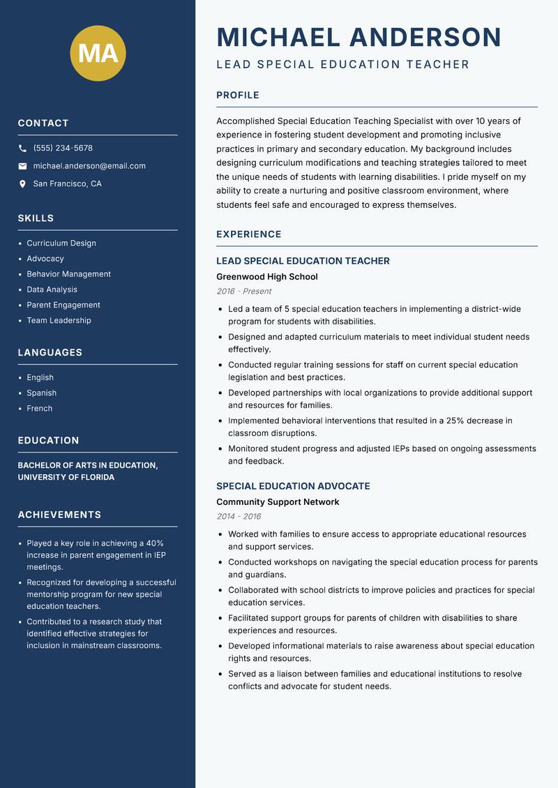 Special Education Teaching Specialist resume template — Classic Clean