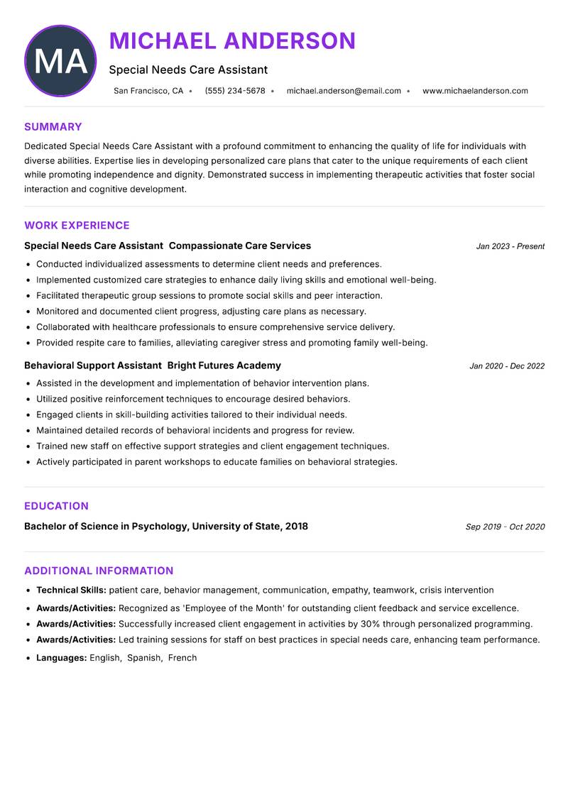 Special Needs Care Assistant resume example — ATS-friendly template