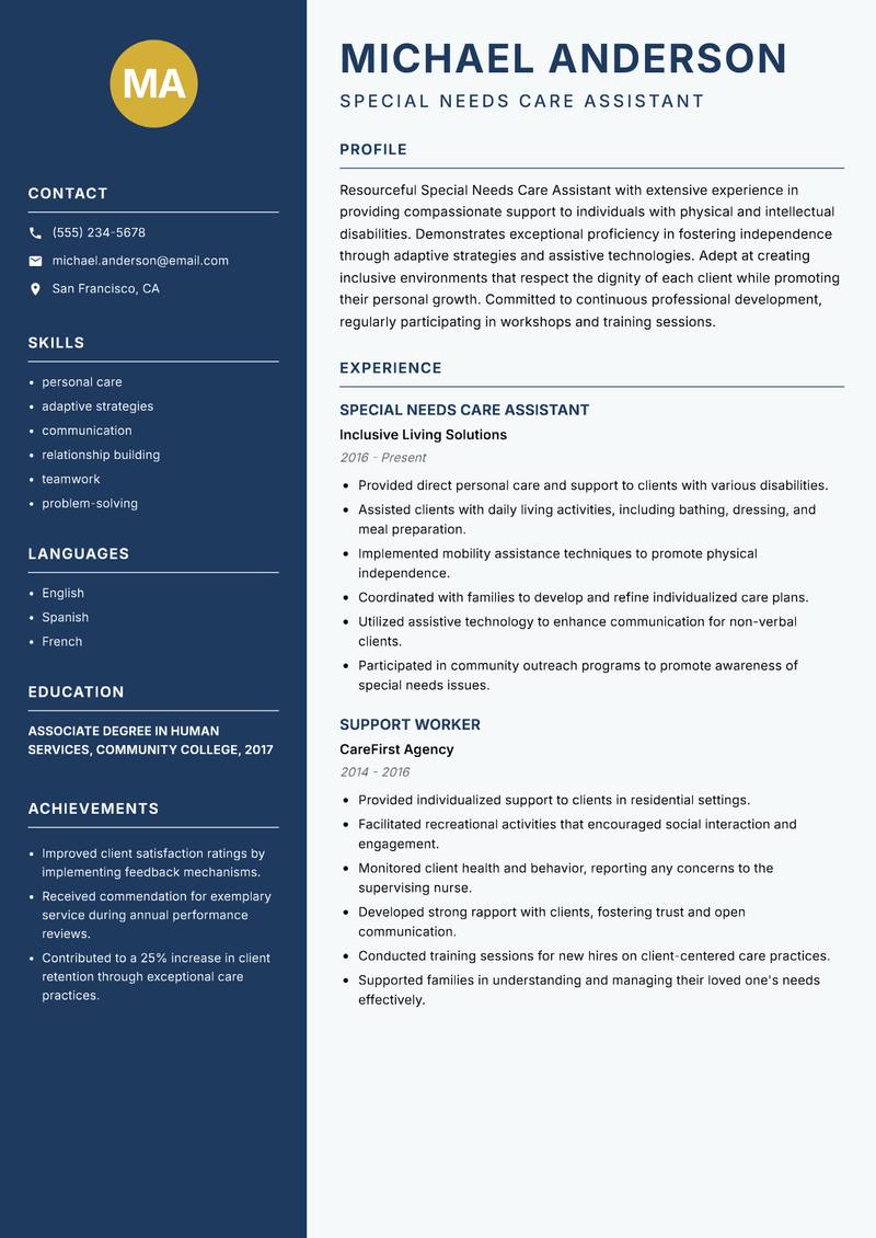 Special Needs Care Assistant resume template — Classic Clean