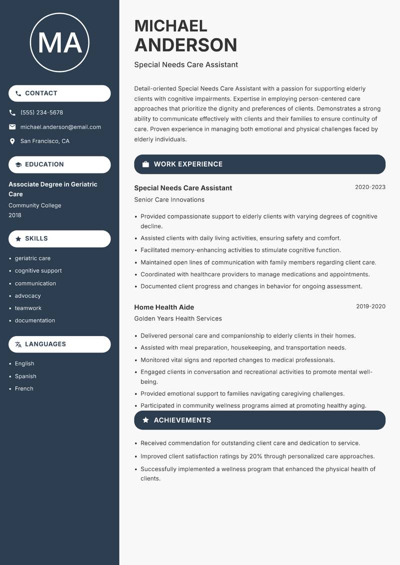 Special Needs Care Assistant resume template — Compact
