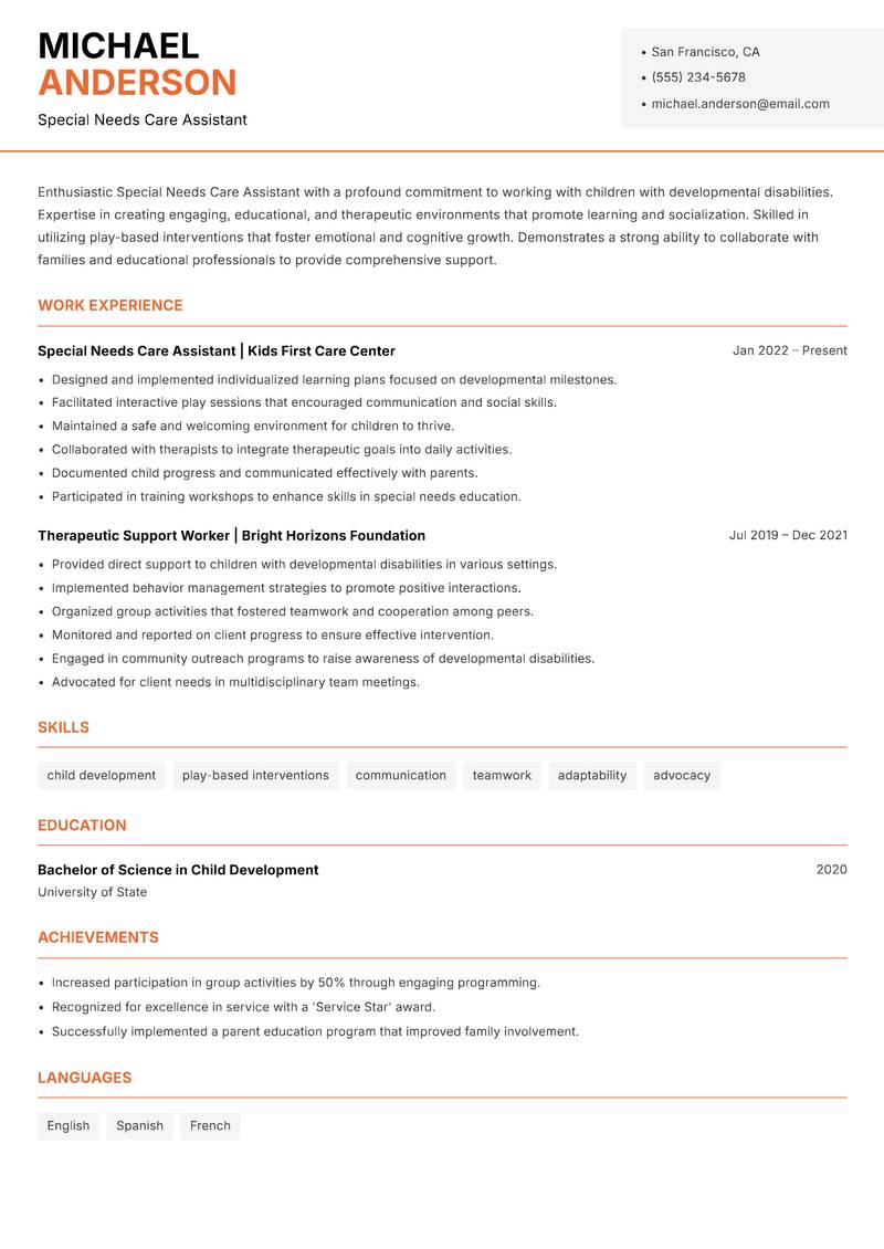Special Needs Care Assistant resume template — Modern Professional