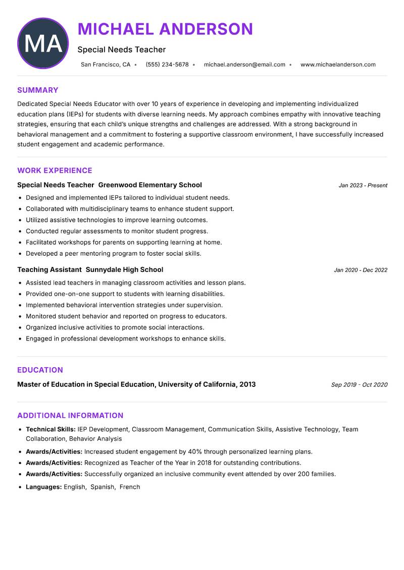 Special Needs Educator resume example — ATS-friendly template