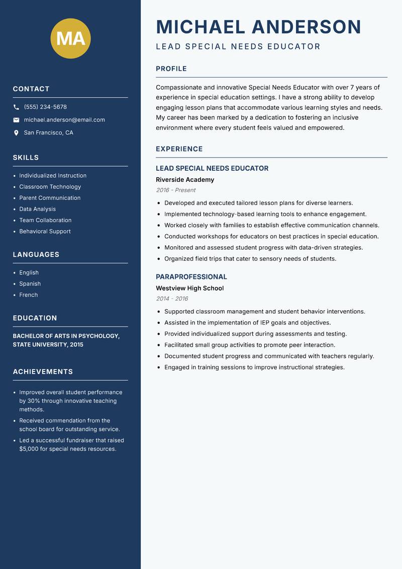 Special Needs Educator resume template — Classic Clean