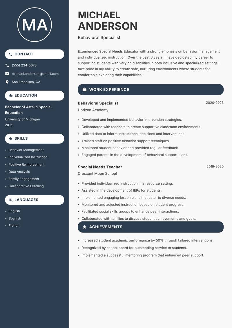 Special Needs Educator resume template — Compact