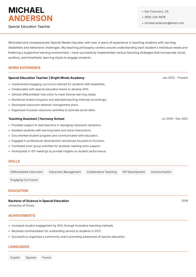 Special Needs Educator resume template — Modern Professional