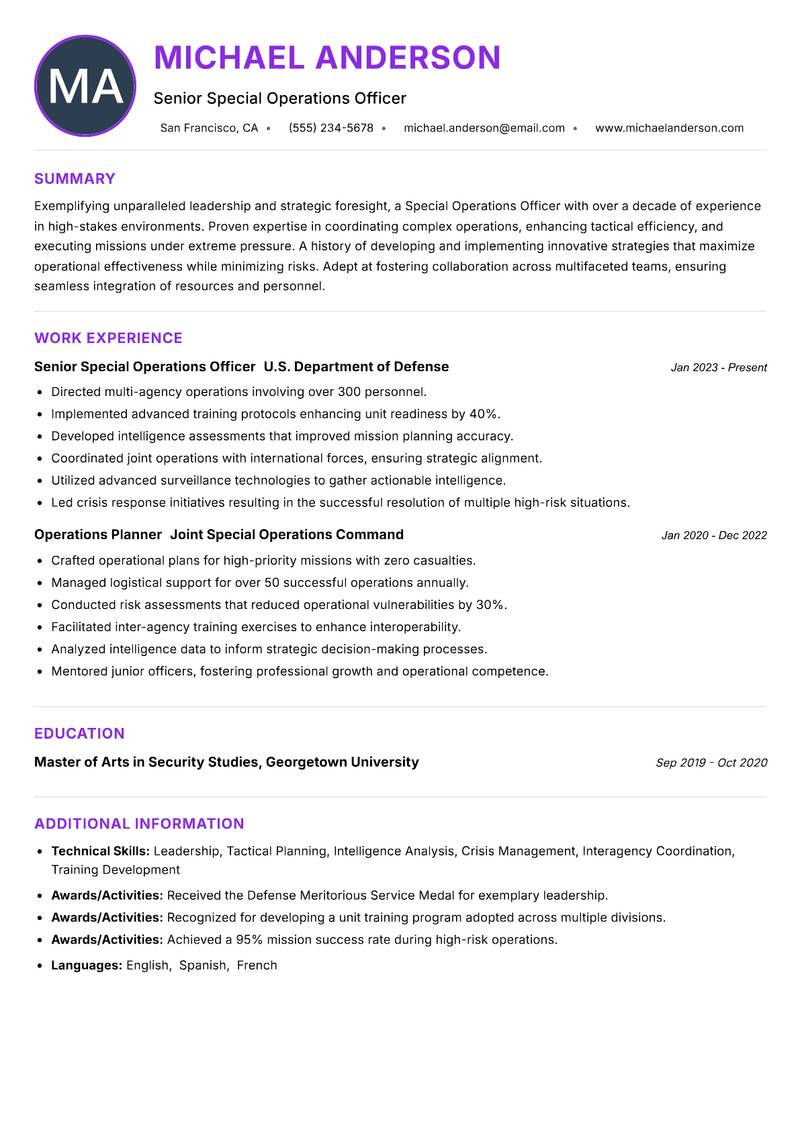 Special Operations Officer resume example — ATS-friendly template