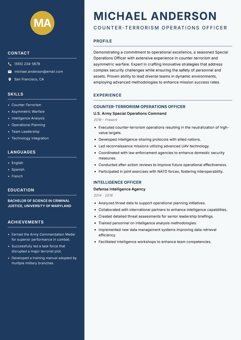 Special Operations Officer resume template — Classic Clean