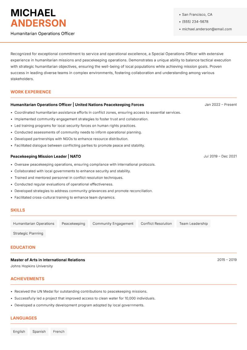 Special Operations Officer resume template — Modern Professional