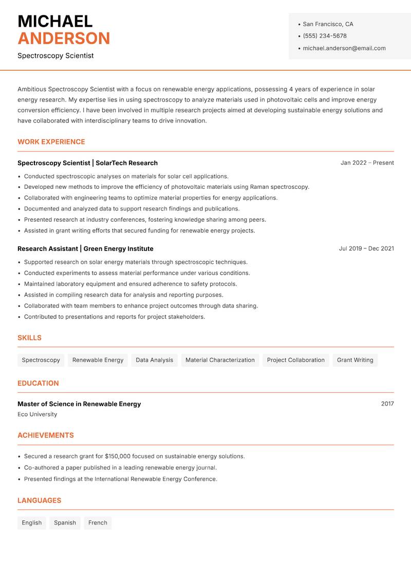 Spectroscopy Scientist resume template — Modern Professional