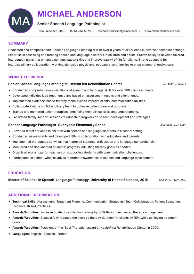 Speech Language Pathologist resume example — ATS-friendly template