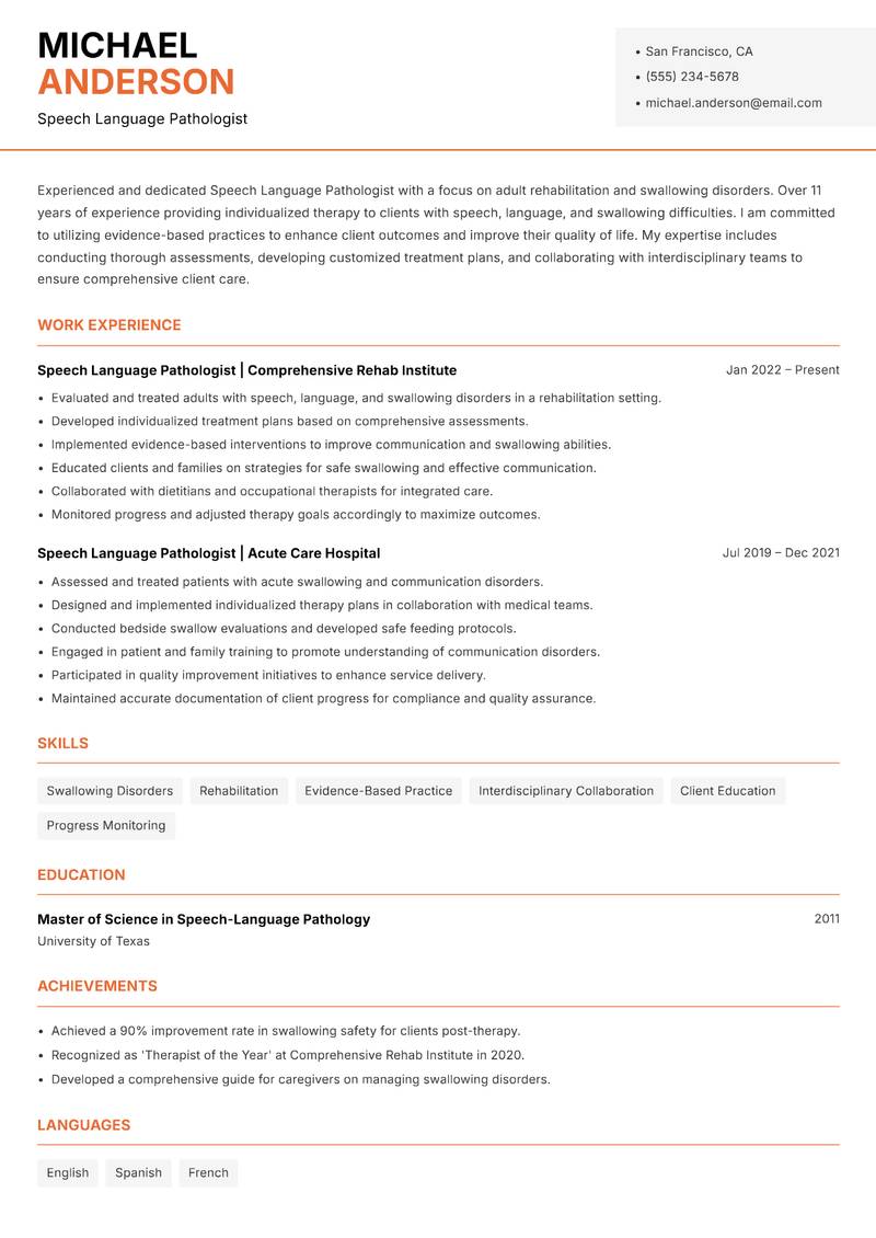Speech Language Pathologist resume template — Modern Professional