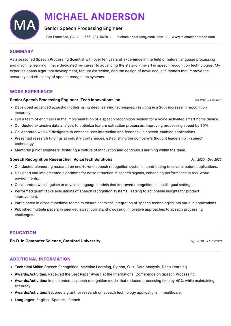 Speech Processing Scientist resume example — ATS-friendly template