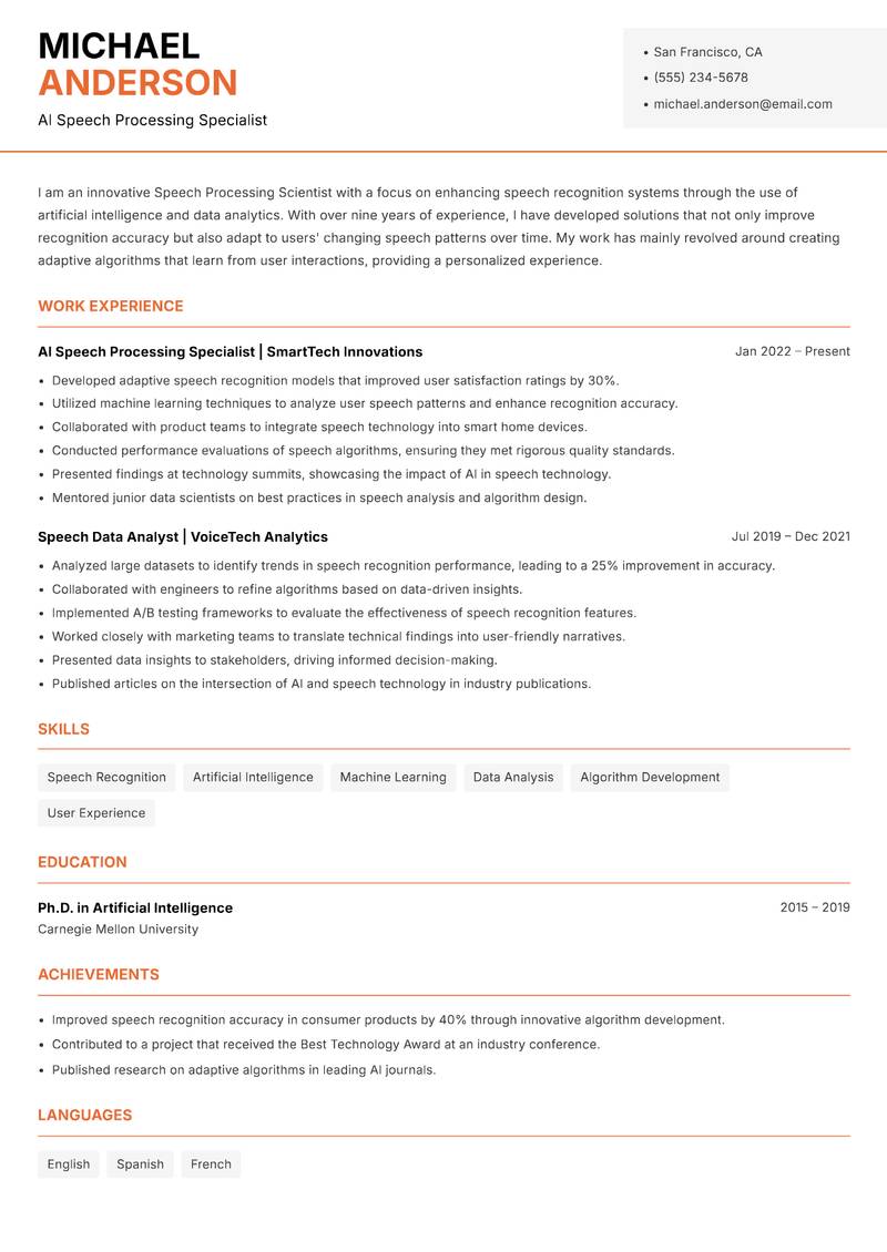 Speech Processing Scientist resume template — Modern Professional