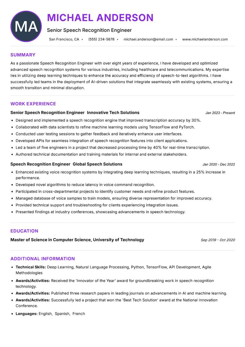 Speech Recognition Engineer resume example — ATS-friendly template