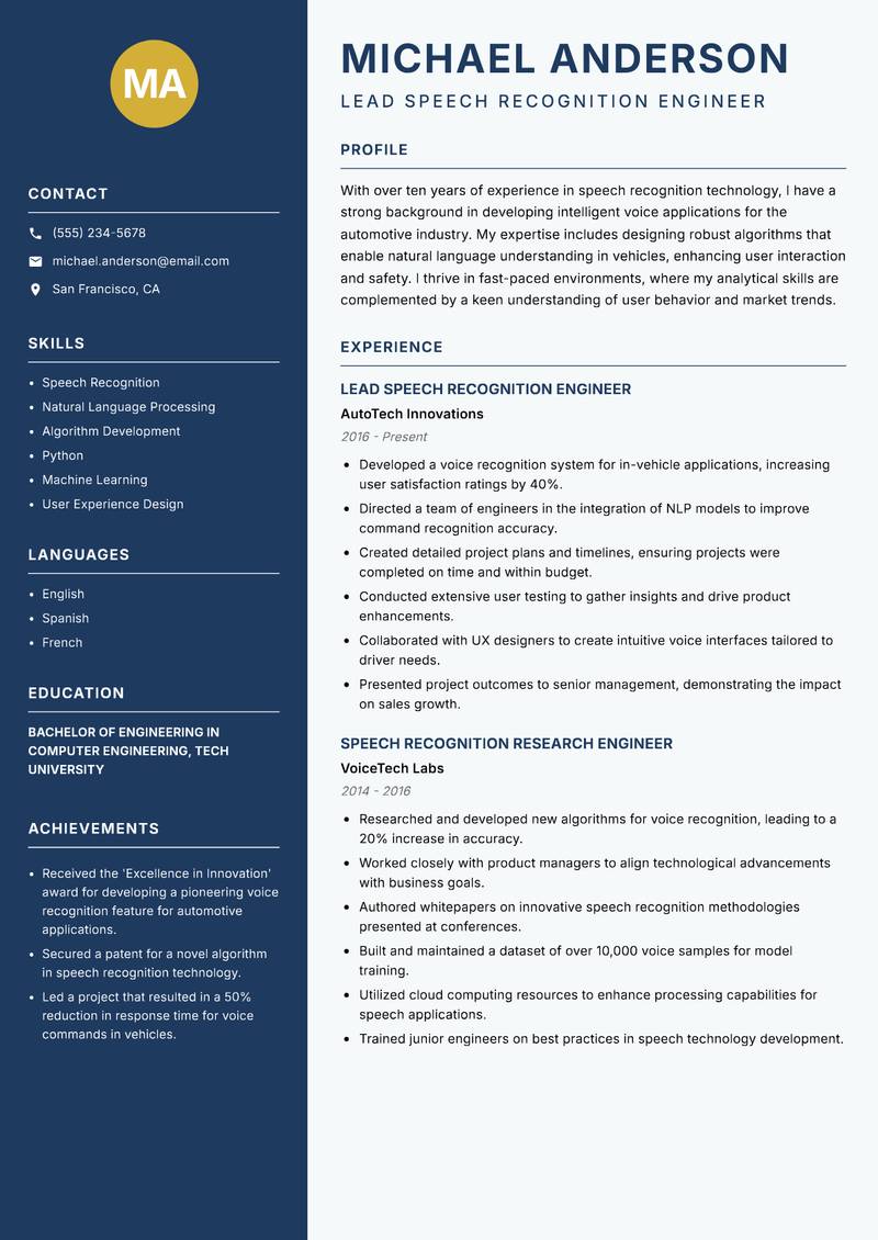 Speech Recognition Engineer resume template — Classic Clean
