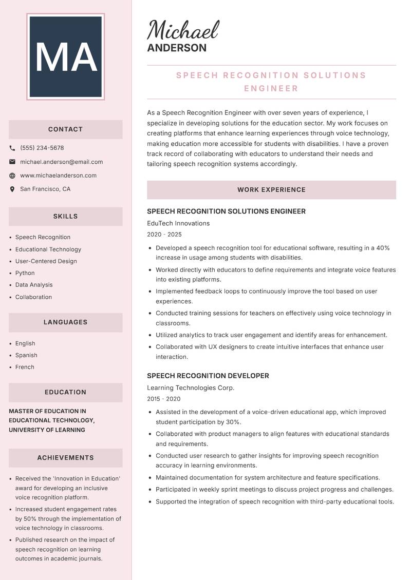 Speech Recognition Engineer resume template — Executive