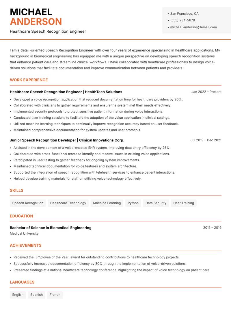 Speech Recognition Engineer resume template — Modern Professional