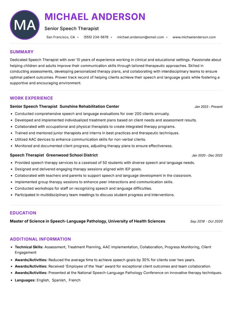 Speech Therapist resume example — ATS-friendly template