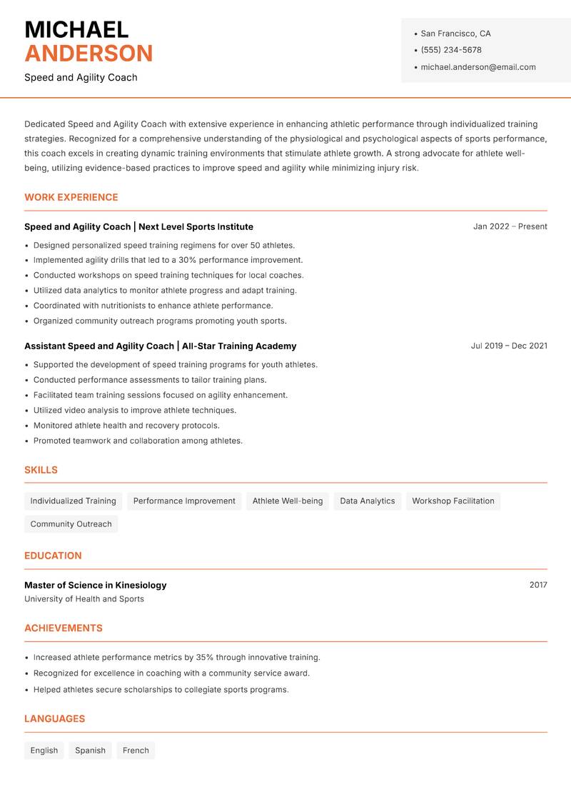 Speed and Agility Coach resume template — Modern Professional