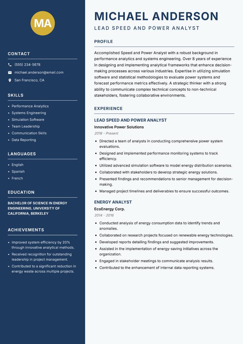 Speed and Power Analyst resume template — Classic Clean