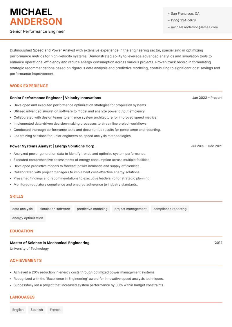 Speed and Power Analyst resume template — Modern Professional