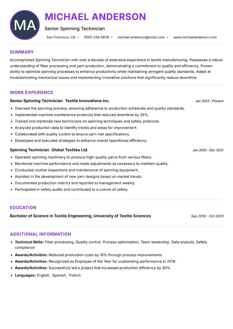Spinning Technician resume example — ATS-friendly template
