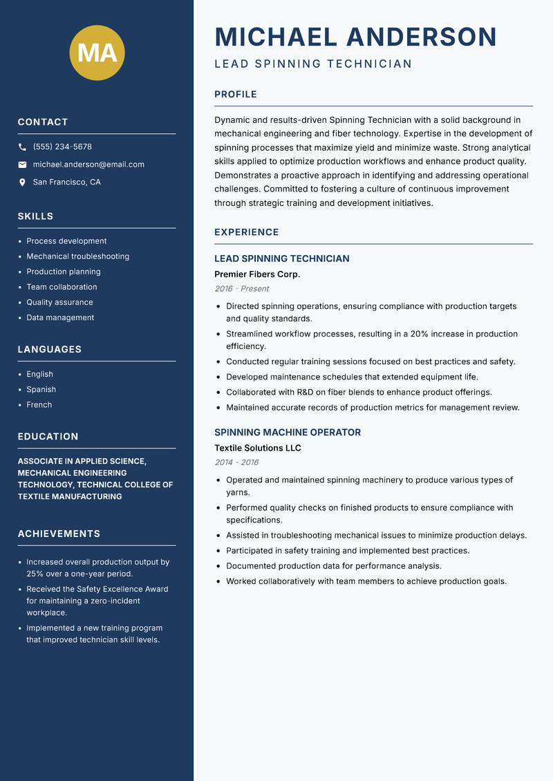 Spinning Technician resume template — Classic Clean