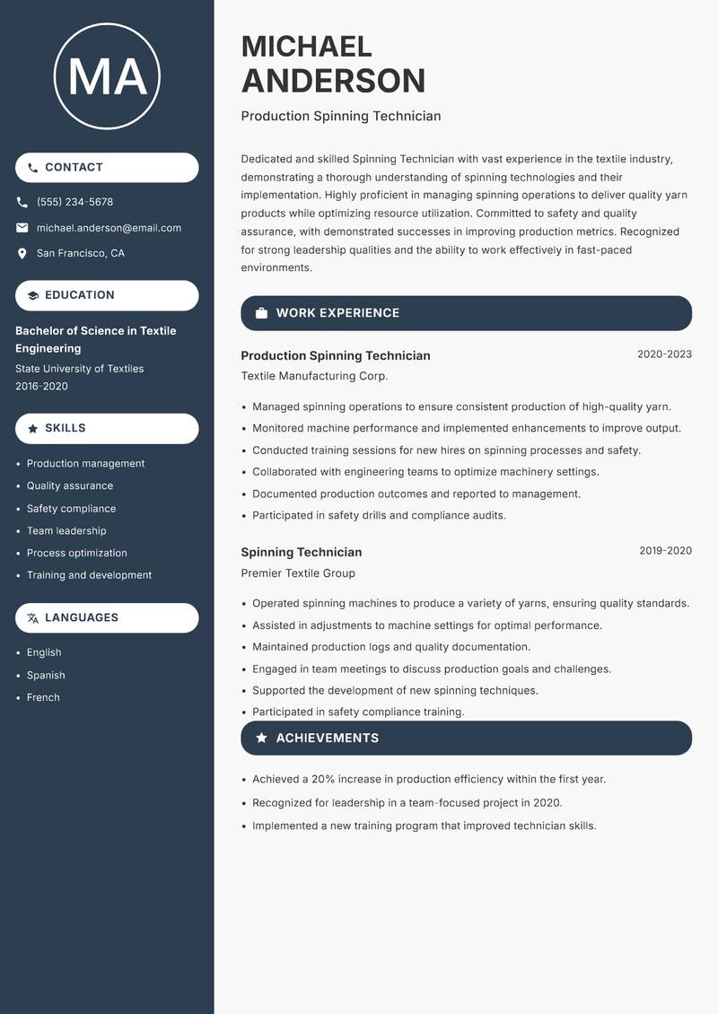 Spinning Technician resume template — Compact