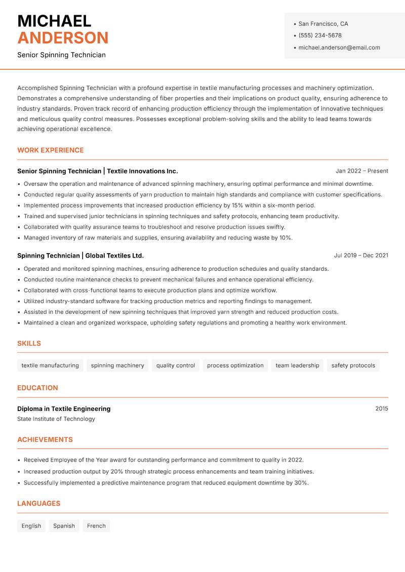 Spinning Technician resume template — Modern Professional
