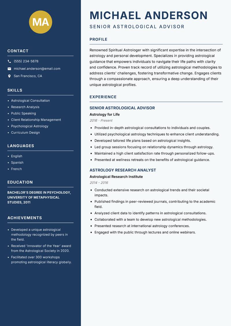 Spiritual Astrologer resume template — Classic Clean