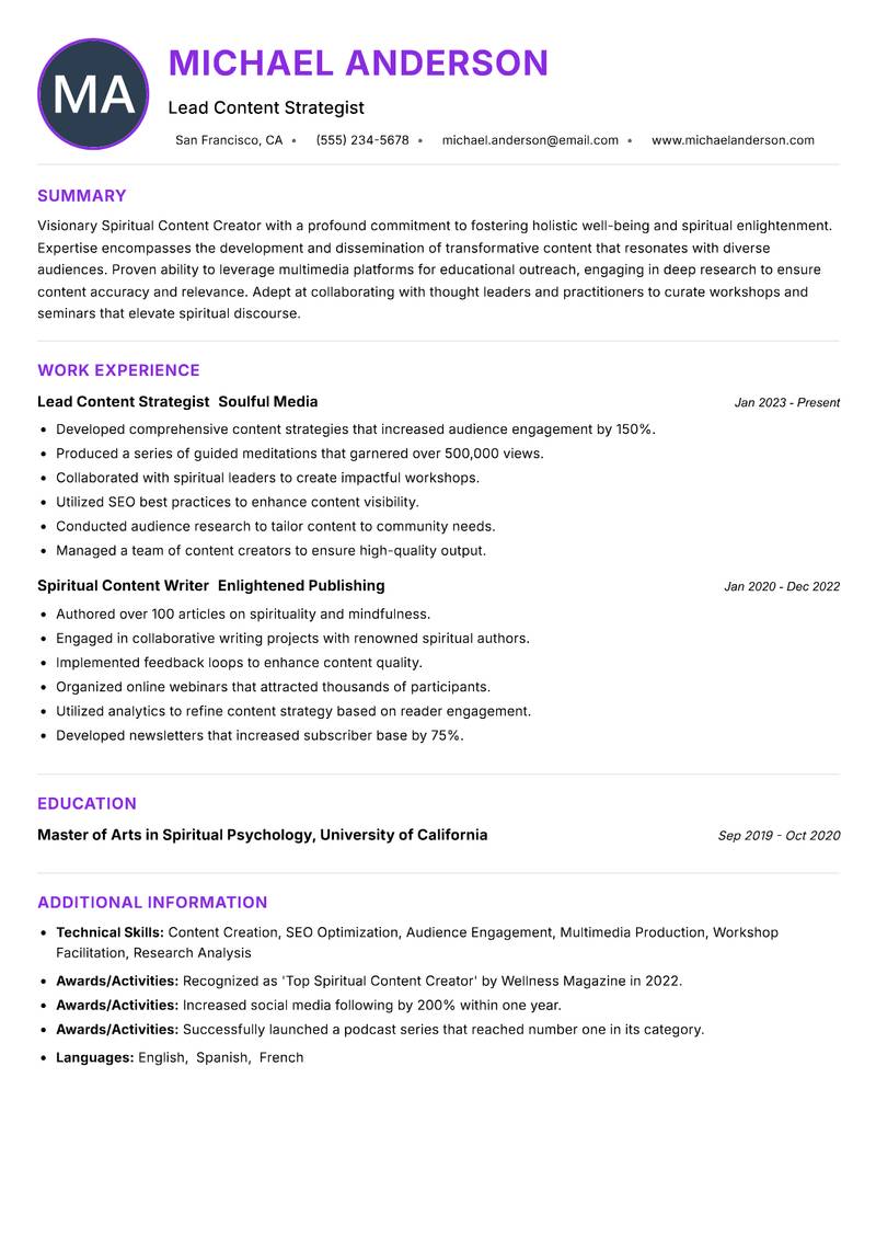 Spiritual Content Creator resume example — ATS-friendly template