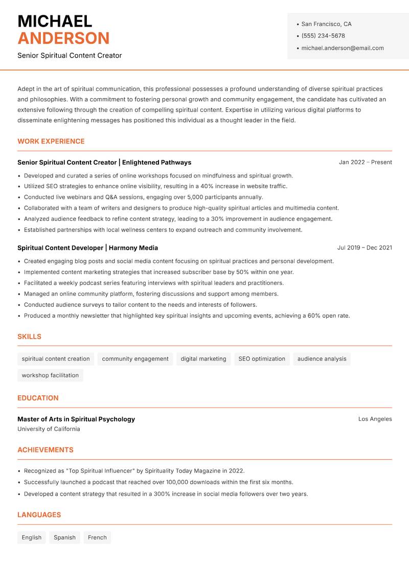 Spiritual Content Creator resume template — Modern Professional