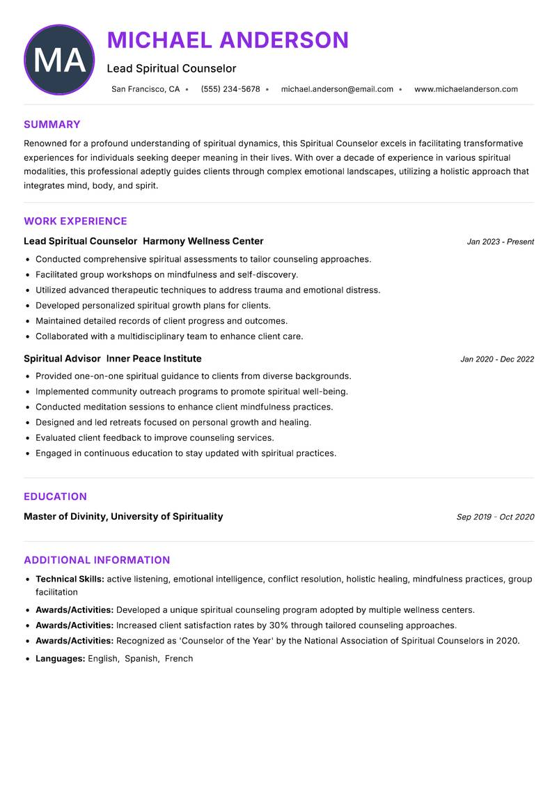 Spiritual Counselor resume example — ATS-friendly template