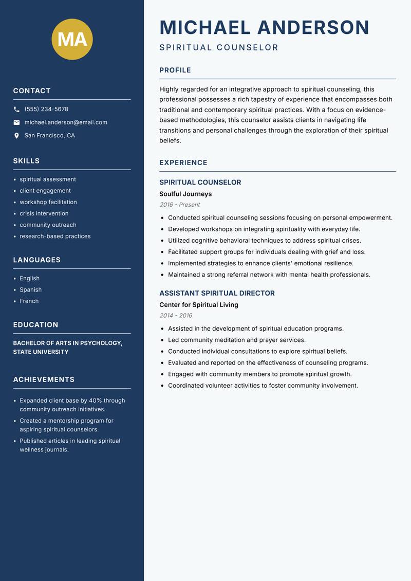 Spiritual Counselor resume template — Classic Clean