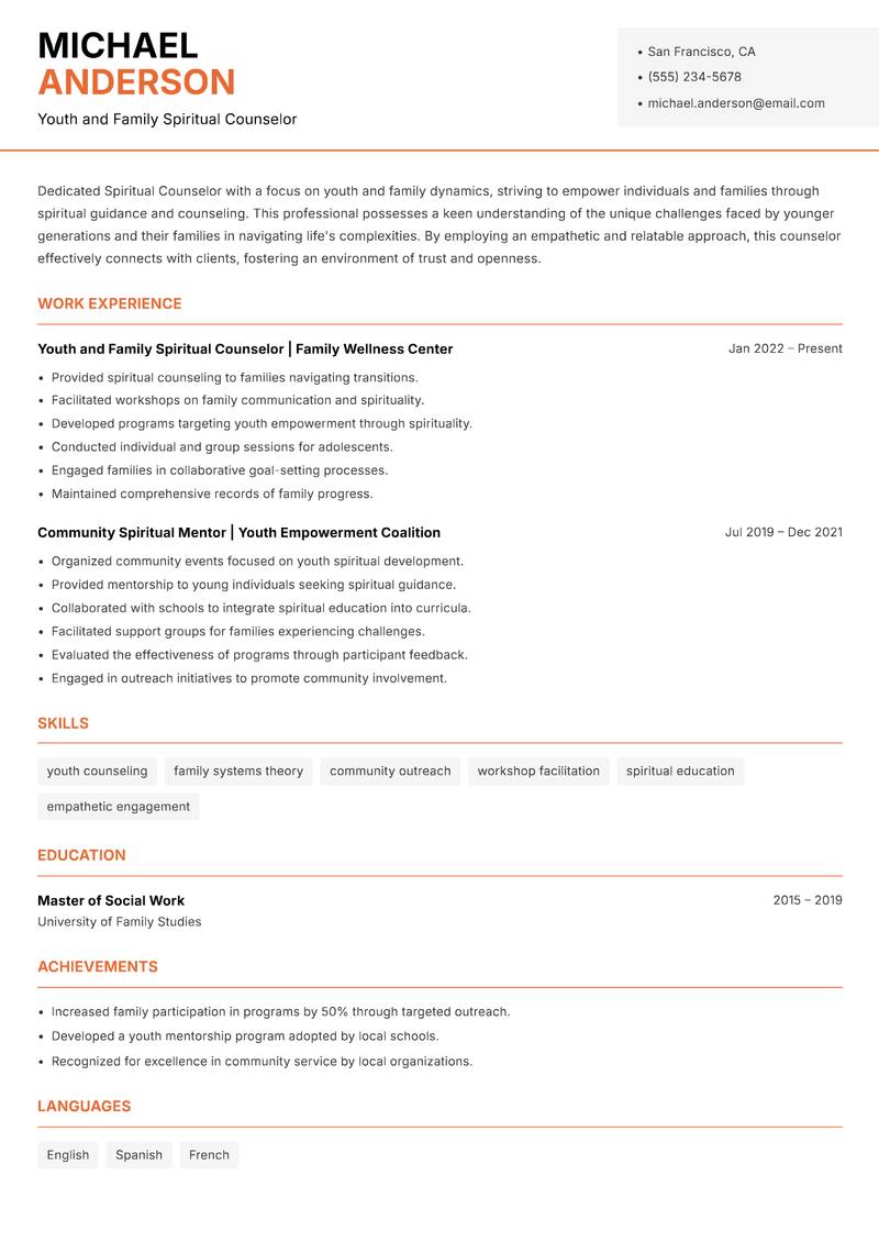 Spiritual Counselor resume template — Modern Professional