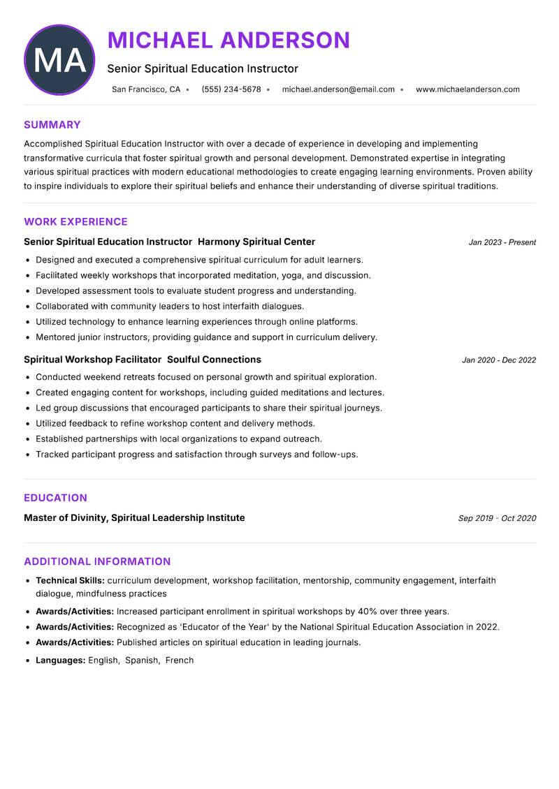 Spiritual Education Instructor resume example — ATS-friendly template