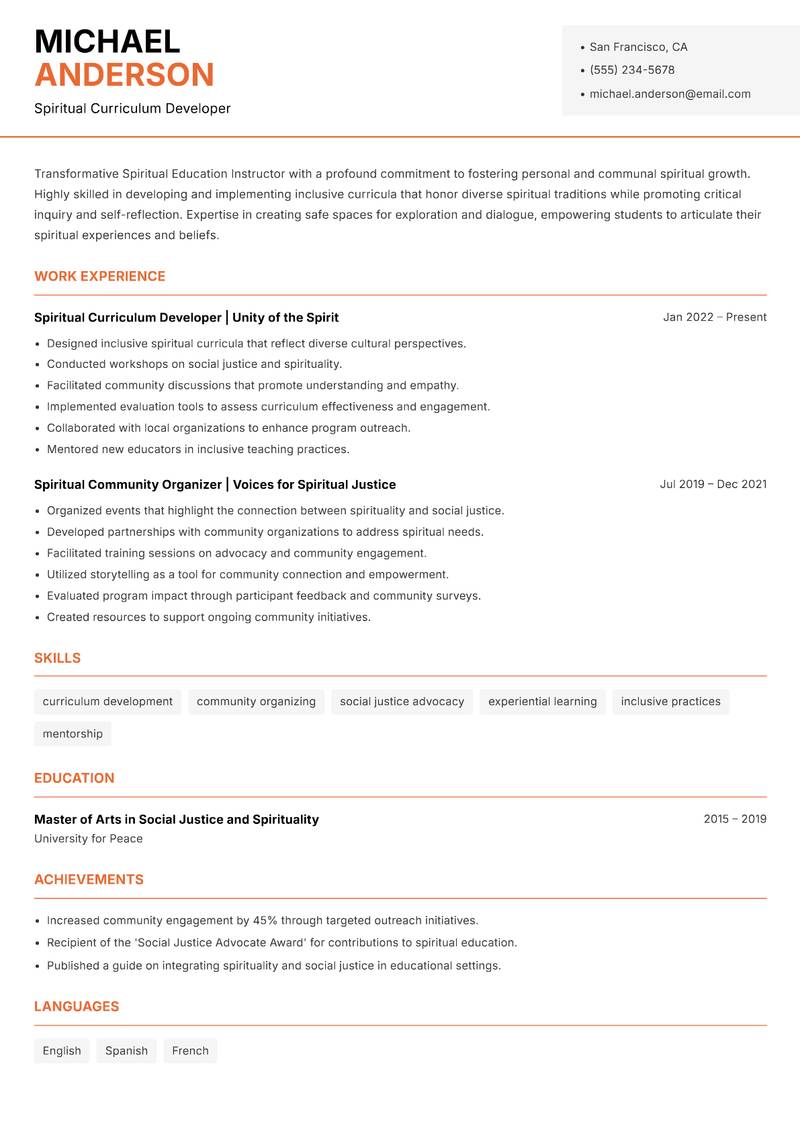 Spiritual Education Instructor resume template — Modern Professional