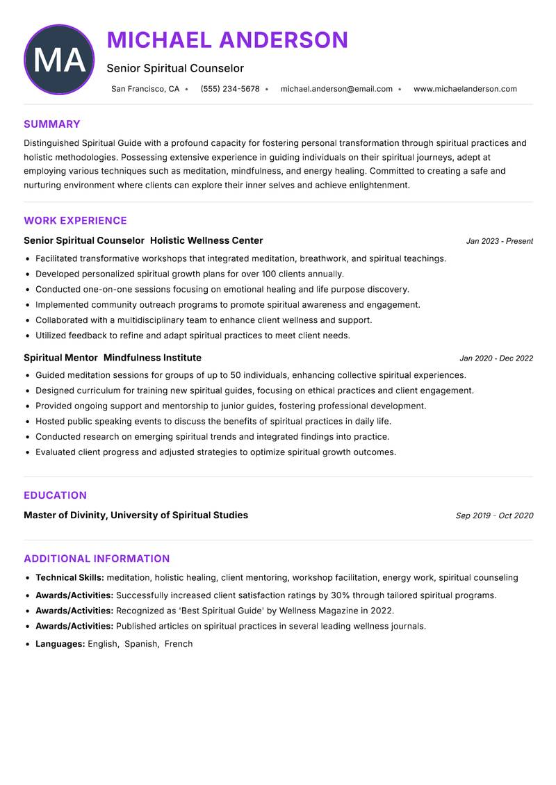 Spiritual Guide resume example — ATS-friendly template