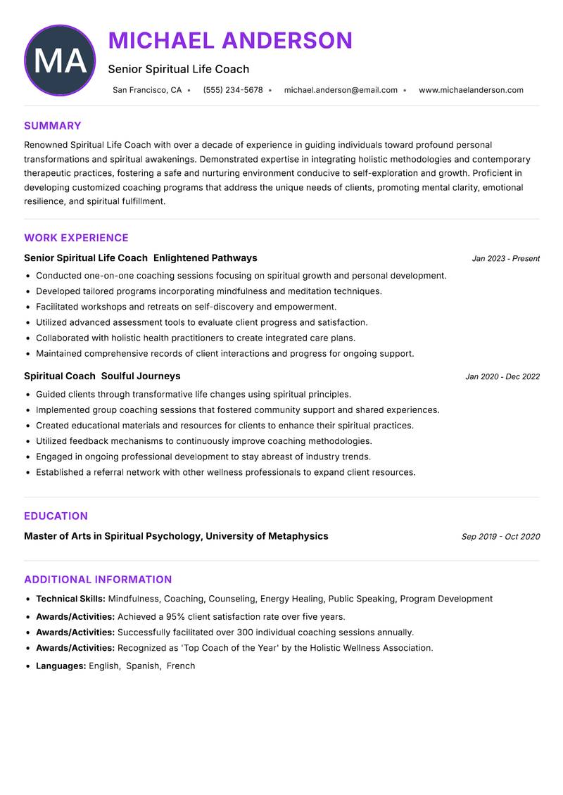 Spiritual Life Coach resume example — ATS-friendly template