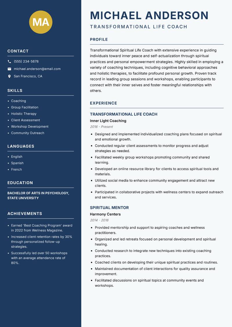 Spiritual Life Coach resume template — Classic Clean