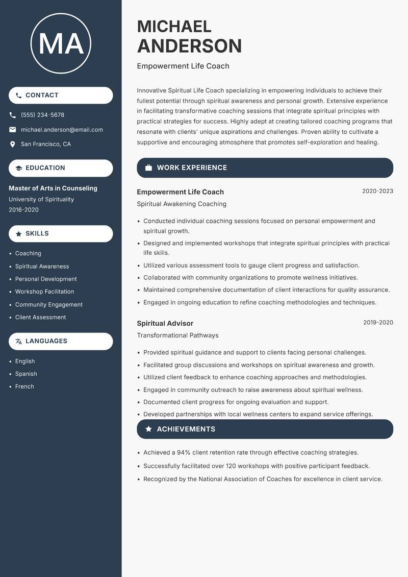 Spiritual Life Coach resume template — Compact