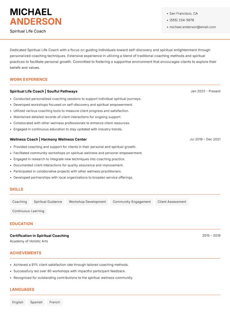 Spiritual Life Coach resume template — Modern Professional