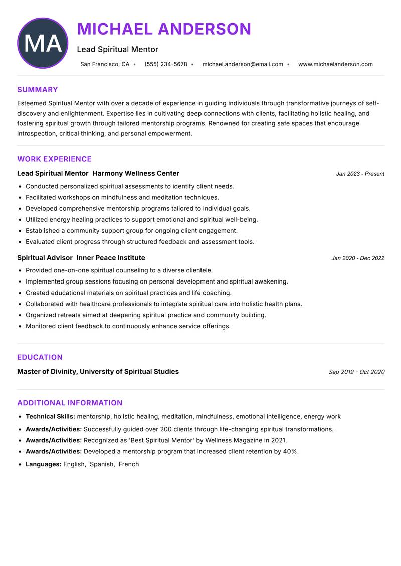Spiritual Mentor resume example — ATS-friendly template