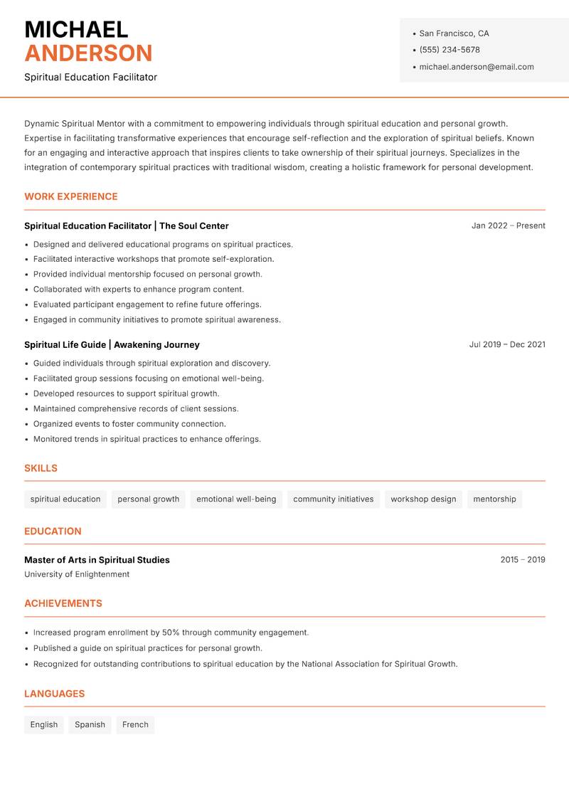 Spiritual Mentor resume template — Modern Professional