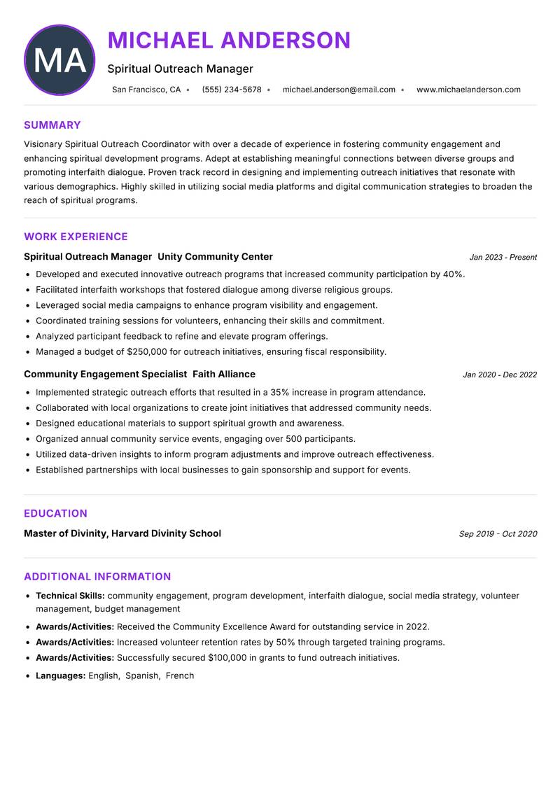 Spiritual Outreach Coordinator resume example — ATS-friendly template