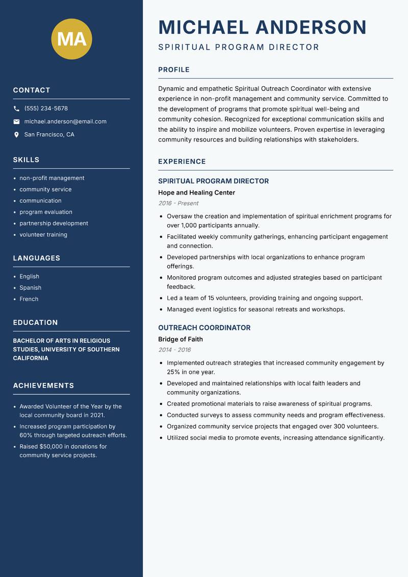 Spiritual Outreach Coordinator resume template — Classic Clean