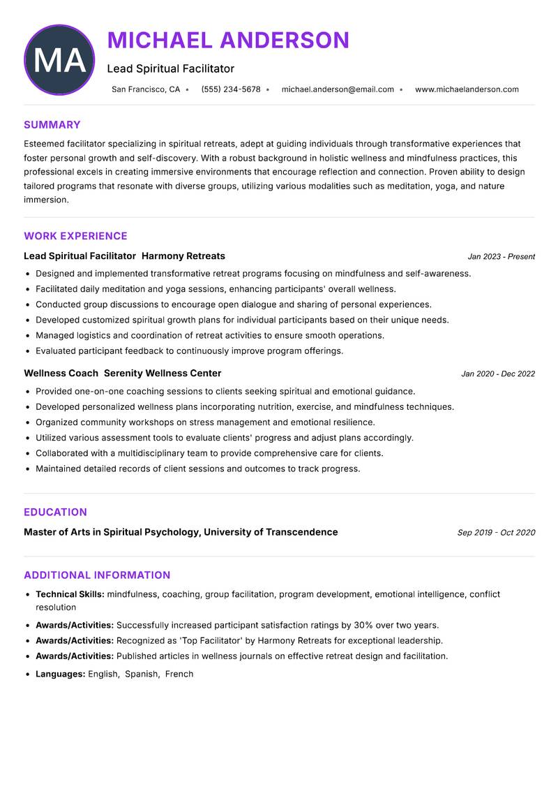 Spiritual Retreat Facilitator resume example — ATS-friendly template