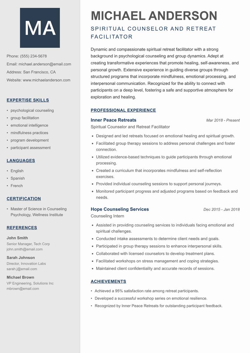 Spiritual Retreat Facilitator resume template — Creative Minimal