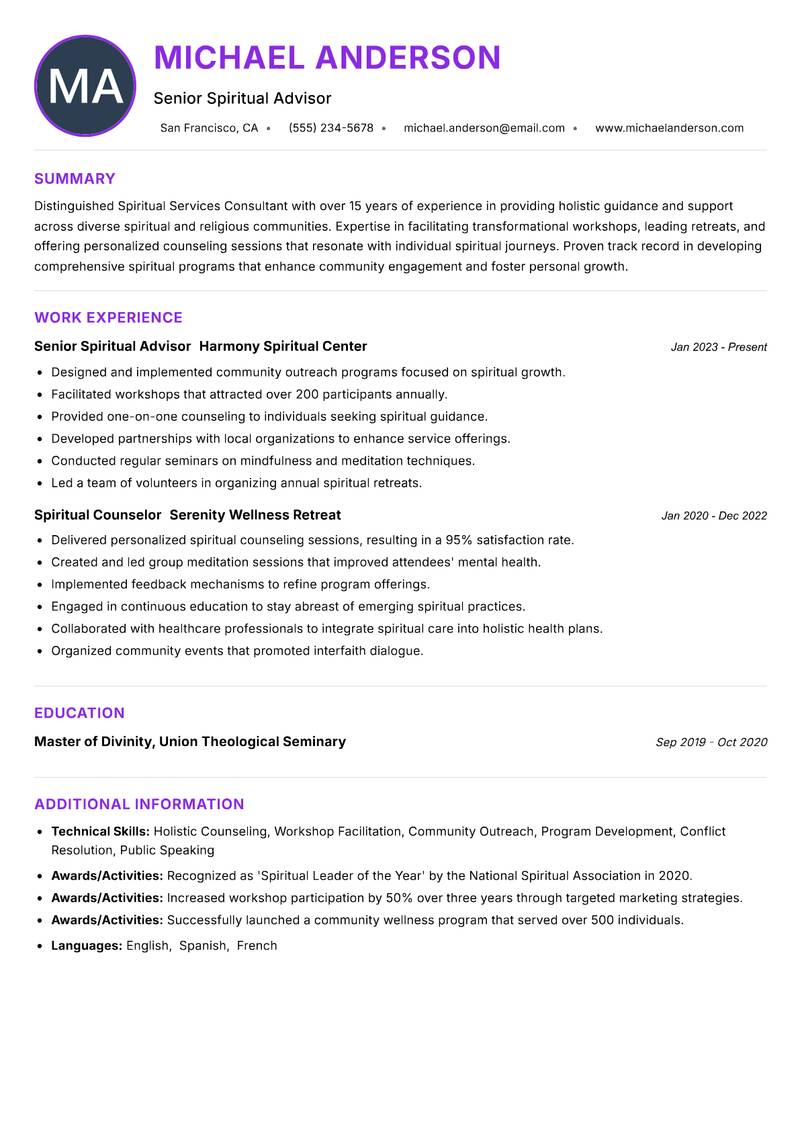 Spiritual Services Consultant resume example — ATS-friendly template