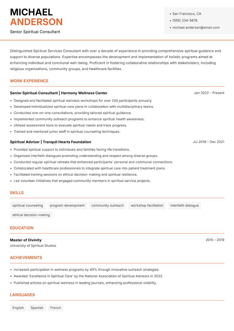 Spiritual Services Consultant resume template — Modern Professional